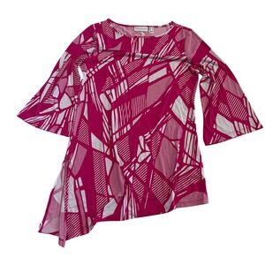 Susan Graver Pink White Geometric Liquid Knit Tunic Bell Sleeve XS Asymmetrical